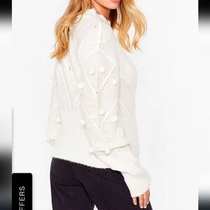 NWOT Nasty Gal lvory Pom Pom BalloonSleeve Mock Neck Sweater Size large